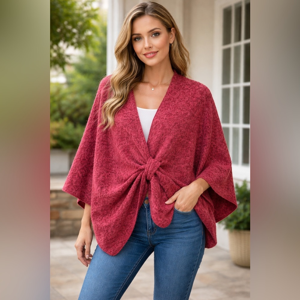 Cozy Luxe Burgundy Tie-Waist Bouclé Wrap